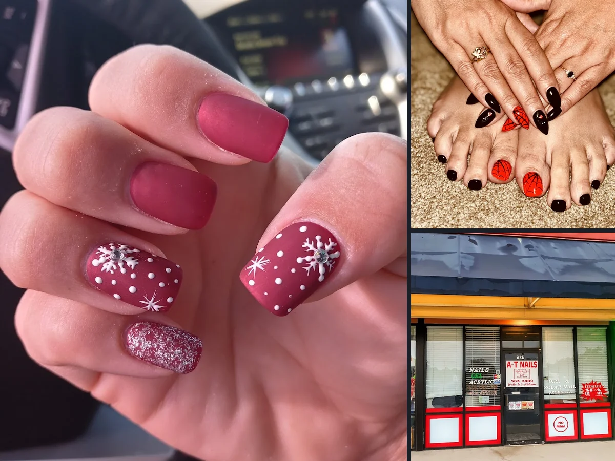 Bright salon space with nail color displays